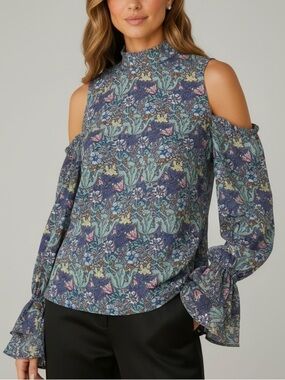NWT BISHOP + YOUNG Floral Ruffle Long Sleeve Cold Shoulder Blouse Size Medium